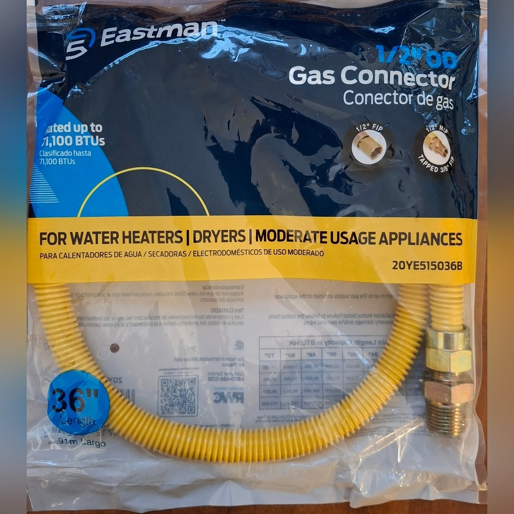 36" ProCoat Stainless Steel Gas Connector, 1/2" MIP (1/2" FIP) x 1/2" MIP, 1/2"